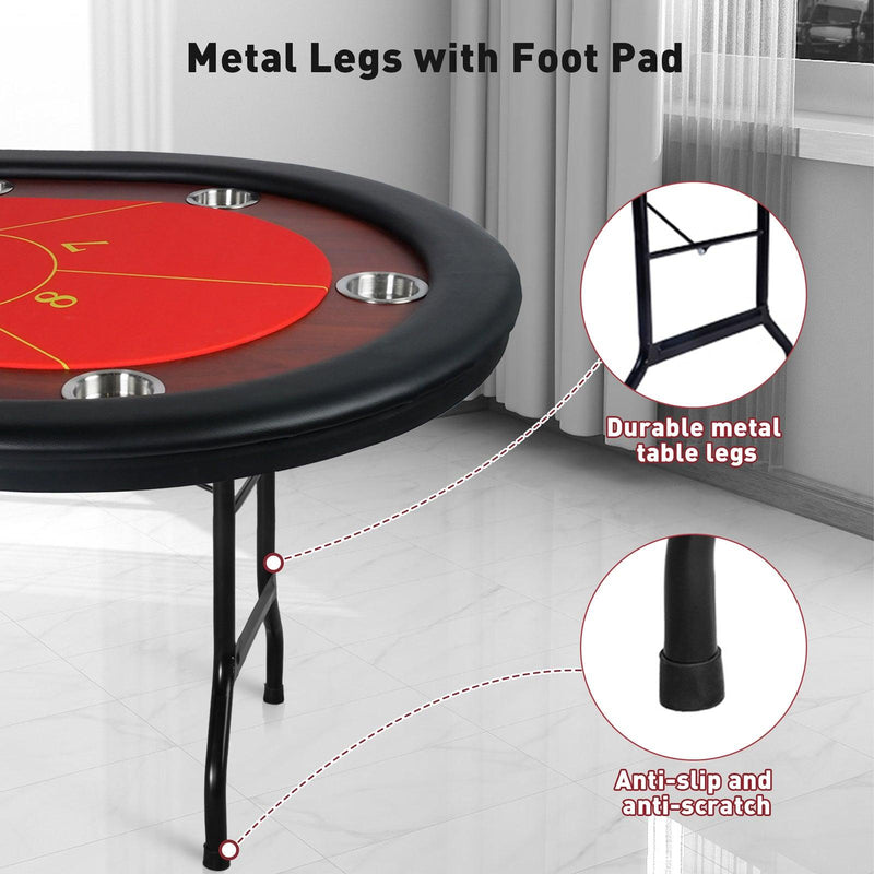 10 Players Foldable Poker Texas Holdem Table with Stainless Steel Cup Holders Padded Rails, Red