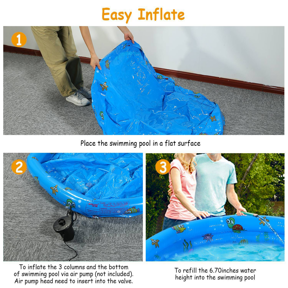 51x13Ó Inflatable Swimming Pool Blow Up Family Pool For 3 Kids Foldable Swim Ball Pool Center w/ 4 Valves Bottom Water Drain Plug For Indoor Backyard, photo 15 of 15