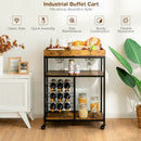 3-Tier Wood Rolling Kitchen Serving Cart with 9 Wine Bottles Rack Metal Frame-Rustic Brown by LJGDeals