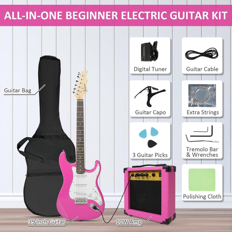 Entry Level Electric Guitar Set, 39.5" Teenage Electric Guitar w/ 10W Amplifier, Carrier Bag, Tuner, Strings, Picks, Cable, Pink