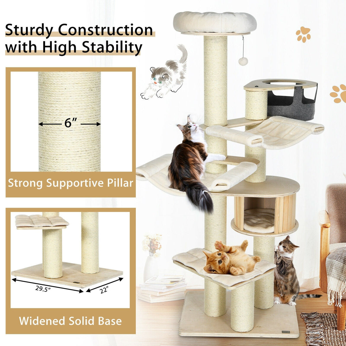 77.5-Inch Cat Tree Condo Multi-Level Kitten Activity Tower with Sisal Posts-Cream White, photo 8 of 8