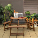6-person Round Wooden Picnic Table with Umbrella Hole and 3 Built-in Benches-Dark Brown by LJGDeals