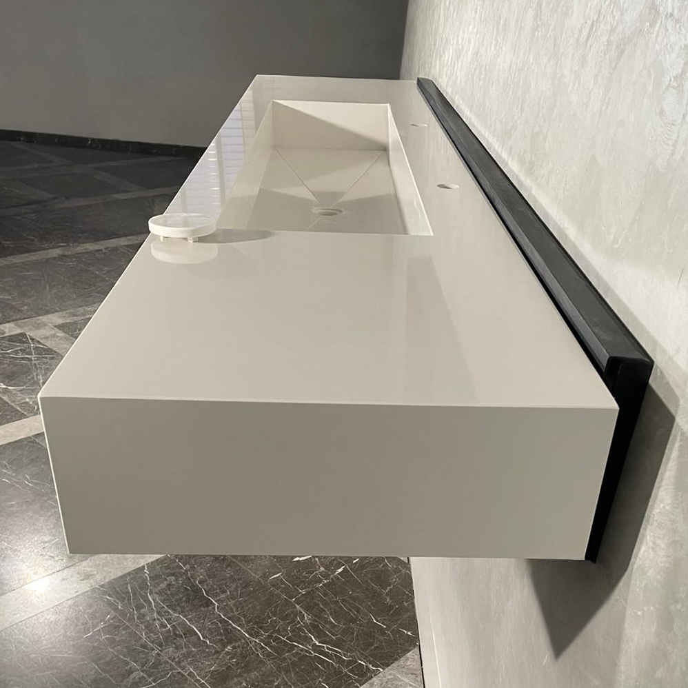 White Quartz Large Bathroom Trough Sink Wall Mount Contemporary Design, photo 9 of 13
