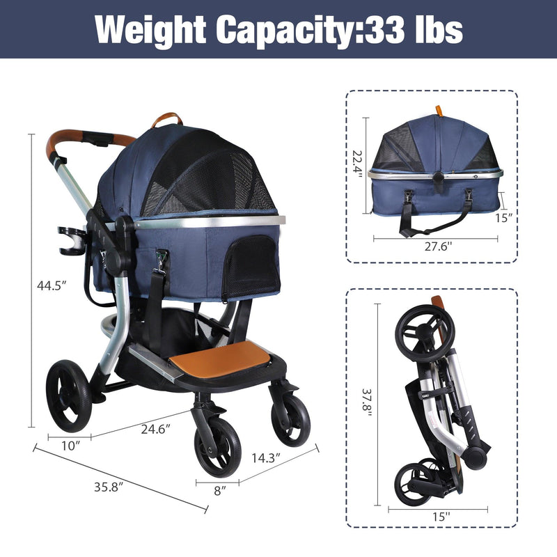 3 in 1 Foldable Aluminum Alloy Frame Pet Stroller with Detachable Carrier & Cup Holder, Up to 33 lbs