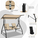 2-Seat Outdoor Cushioned Porch Swing with Adjustable Canopy and Tempered Glass Table-Beige by LJGDeals