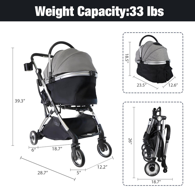 Foldable Pet Stroller 3 in 1 Design Detachable Carrier Telescopic Handle Aluminum Alloy Frame Up to 33 lbs Capacity, Gray