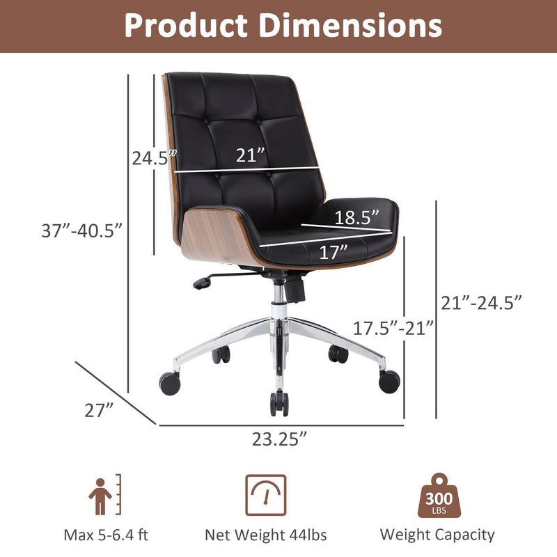 Executive Office Chair with Adjustable Height and Tilt, Solid Wood Arms and Base, 360° Swivel - Leather Office Chair, Black