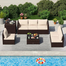 8 Piece Patio Furniture Set with Storage Box and Tempered Glass Coffee Table-Beige by DirectDeals