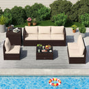 8 Piece Patio Furniture Set with Storage Box and Tempered Glass Coffee Table-Beige by LJGDeals
