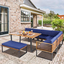 8 Pieces Patio Acacia Wood Dining Table Set with Ottoman Cushions-Navy by LJGDeals