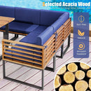 8 Pieces Patio Acacia Wood Dining Table Set with Ottoman Cushions-Navy by LJGDeals