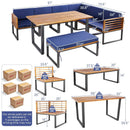 8 Pieces Patio Acacia Wood Dining Table Set with Ottoman Cushions-Navy by LJGDeals