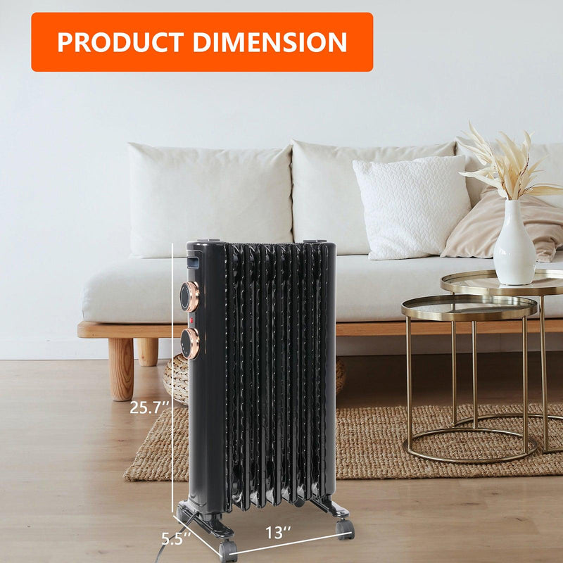 1500W Portable Electric Radiator Oil Filled Heater With 3 Heating Modes, Adjustable Thermostat, Black