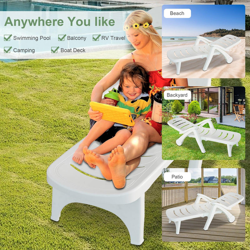 Outdoor Chaise Lounge Patio Pool Lounge Chairs with 5 Level Adjustable and Wheels, White