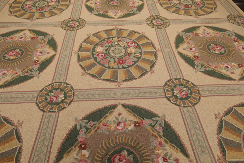 9x12 Beige Hand Hooked 100% Wool Traditional French Aubusson Oriental Area Rug