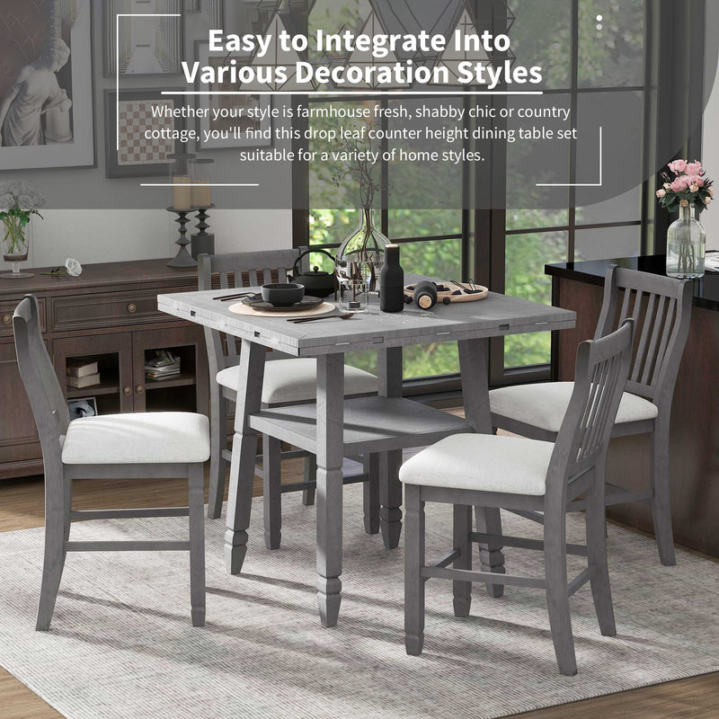 5-Piece Counter Height Dining Table Set in 2 Table Sizes with 4 Folding Leaves and 4 Upholstered Chairs for Dining Room (Gray+Beige Cushion)