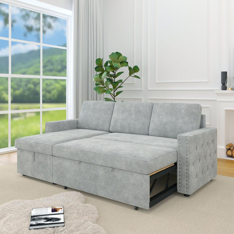85 Inches Sofa Bed, 3 Seater Sleeper Sofa with Storage Chaise, Square Handrail With Pull and Copper nail,Chenille-Light Grey, Pull Out Couch for Living Room