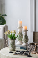 D4.7x10' White Ceramic Candle Holder with Green Floral Patterns, Small by HouseOfZazla