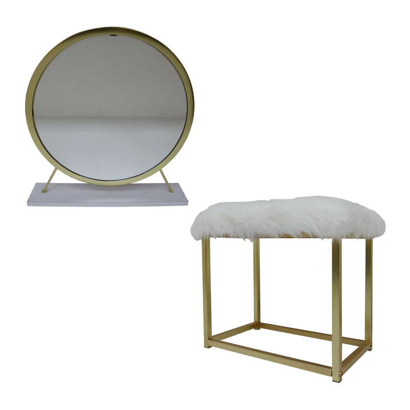 Adao Vanity Mirror & Stool in Faux Fur, Mirror, White & Brass Finish