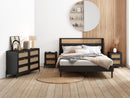 4 Pieces Modern Cannage Rattan Platform Queen Bed + Nightstandx2+ Dresser, Black