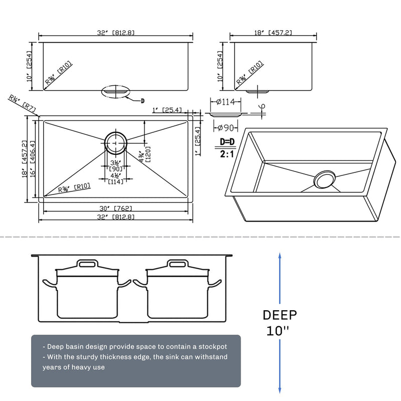 32" L X 18" W Undermount Kitchen Sink With Sink Grid