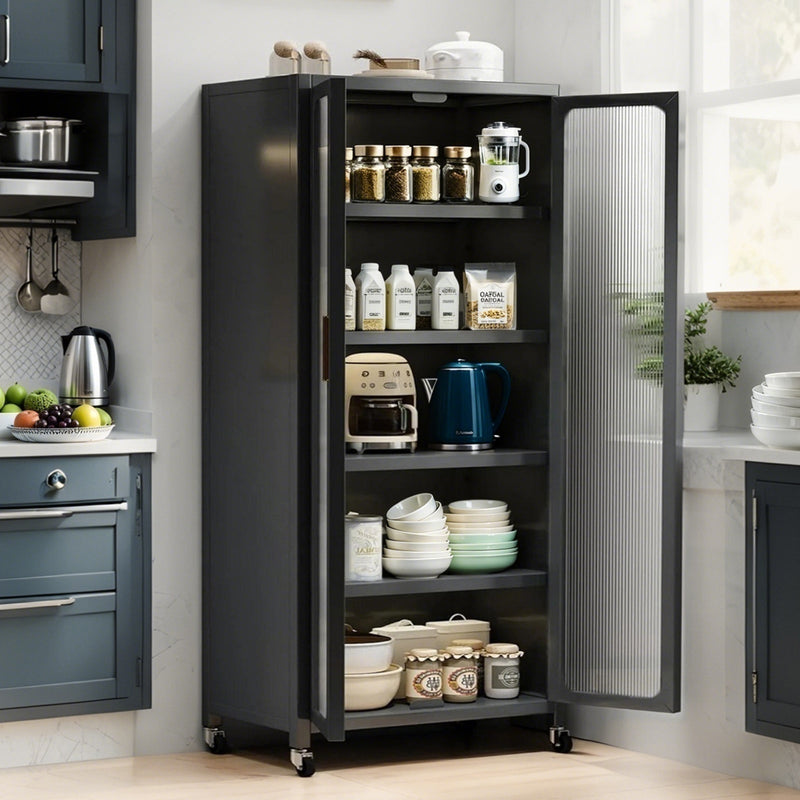 65' Kitchen Pantry Storage Cabinet, 6 Tier Metal Display Storage Cabinet with Transparent Door, Adjustable Shelves & Wheels, Food Pantries Cabinets, for Kitchen, Living Room and Dining Room, Gray