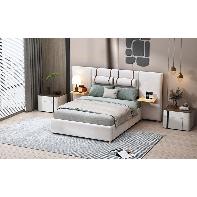 Full Size Upholstered Platform Bed, Two Outlets and USB Charging Ports on Both Sides, Two Bedside Pillows, Storage Shelves,Velvet,Beige