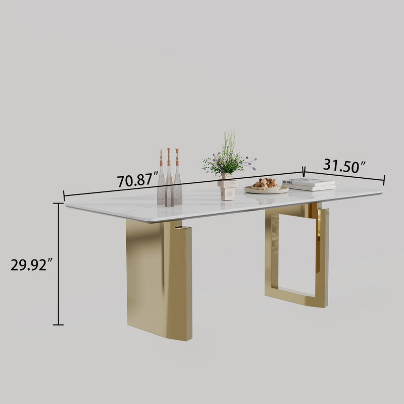 0.47" Thick Sintered Stone Composite Tempered Glass Top Rectangular Dining Table with Stainless Steel Base