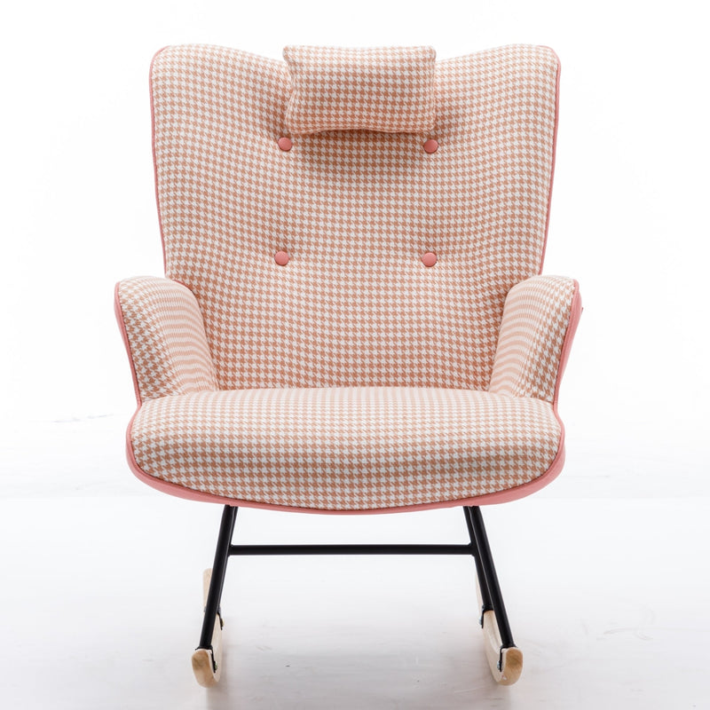 35.5 inch Rocking Chair, Soft Houndstooth Fabric Leather Fabric Rocking Chair for Nursery, Comfy Wingback Glider Rocker with Safe Solid Wood Base for Living Room Bedroom Balcony (pink)