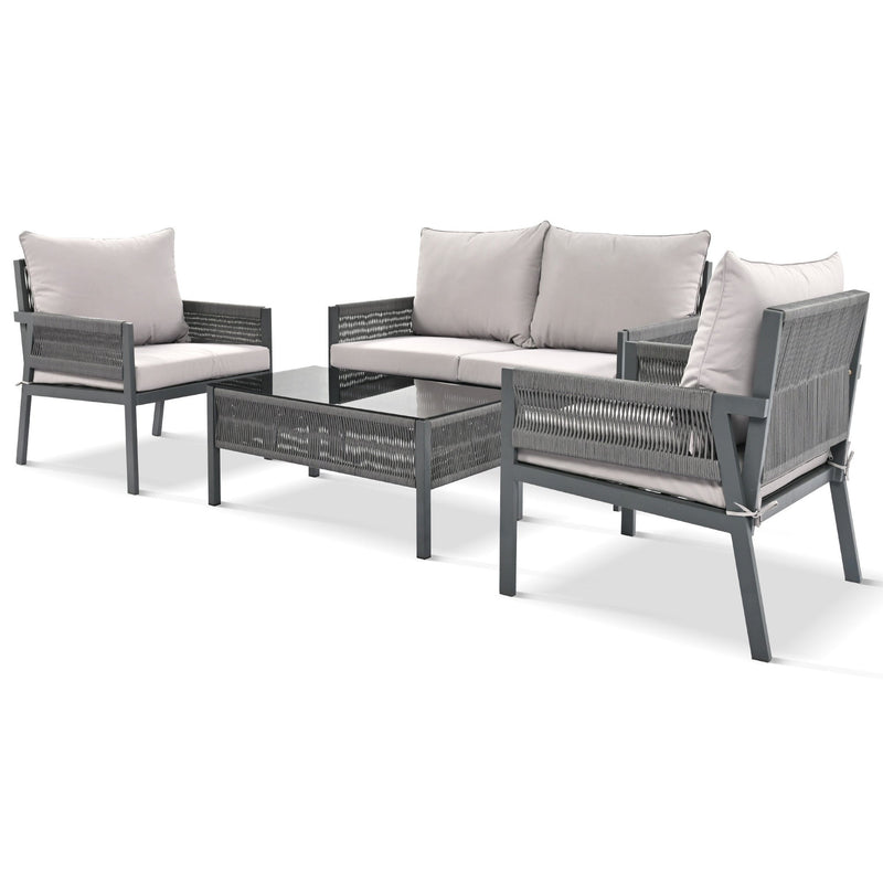 4-Piece Rope Patio Furniture Set, Outdoor Furniture with Tempered Glass Table, Patio Conversation Set Deep Seating with Thick Cushion for Backyard Porch Balcony (Grey)