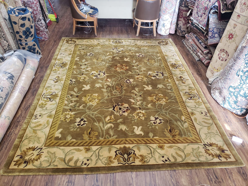 8x10 Rug - Plush Tibetan Rug - Green & Beige Floral Rug - Large Handmade Wool Rug - 250x300 Carpet