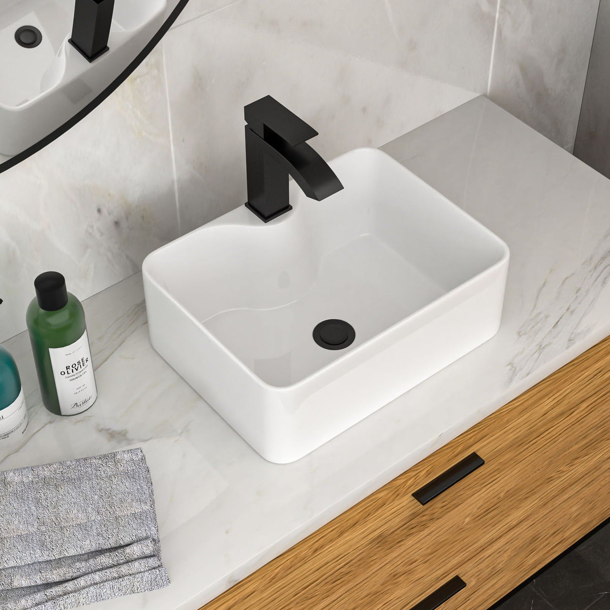 Rectangular Vessel Sink With Faucet & Drain - White / Black, photo 7 of 14