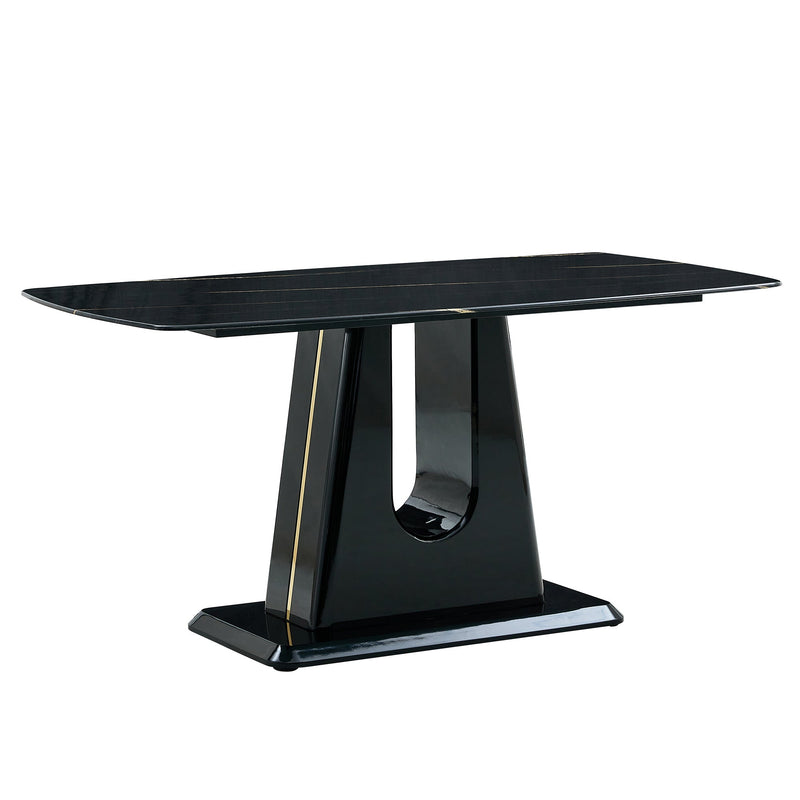 A modern, minimalist, and luxurious table. A black imitation marble tabletop with MDF U-shaped legs. Dining table, computer table. For restaurants and living rooms 63" x 35.4"x 30" F-U