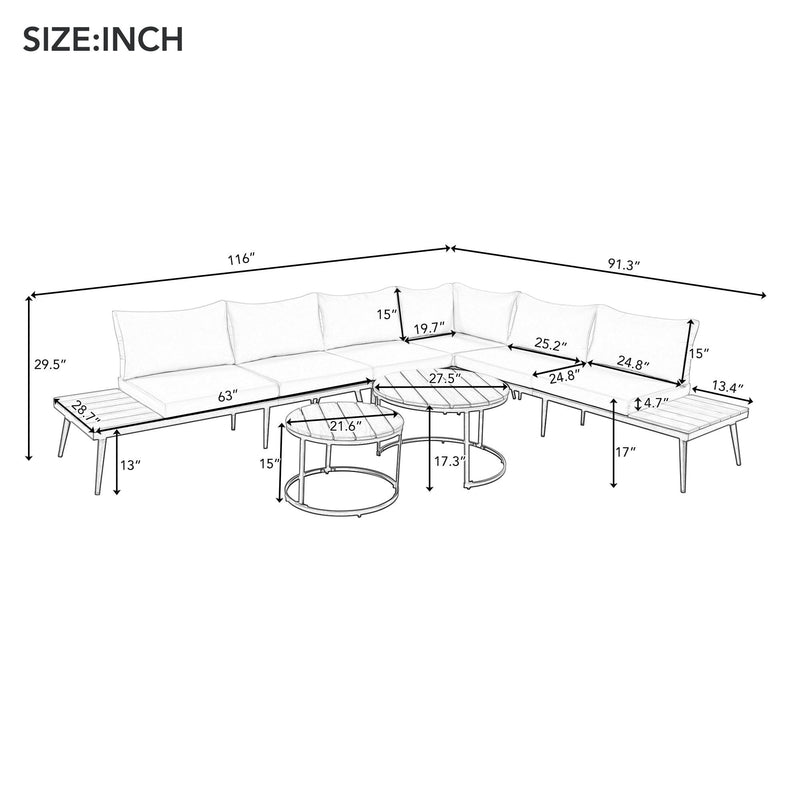 6-Piece Outdoor Sectional Sofa Set with Round Nesting Coffee Tables and Seating Sofa with Cushions for Patio, Porch and Garden (Beige)