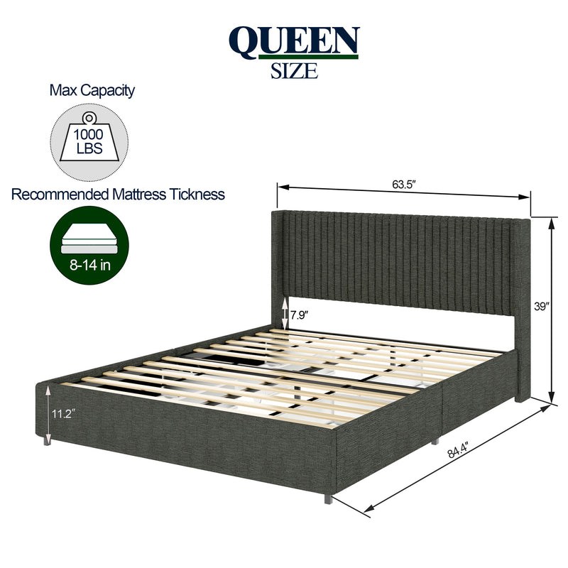 Walker Edison - Anna Queen Size Gray Linen Upholstered Wingback Platform Bed with Patented 4 Drawers Storage, Modern Design Headboard with Tight Channel, Wooden Slat Mattress Support