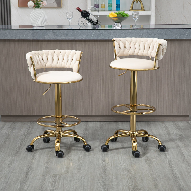 360 Adjustable Barstools Set of 2, Ergonomic Drafting Chair with Round Footrest and Backrest, Swivel Rolling Wheels for Spa, Studio, Classroom, Lab, Counter, Salon, Ivory