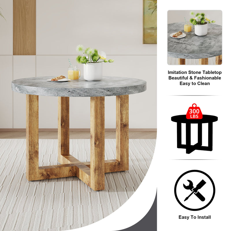 A modern and practical circular dining table. Made of MDF tabletop and wooden MDF table legs. A set of 4 cushioned chairs.