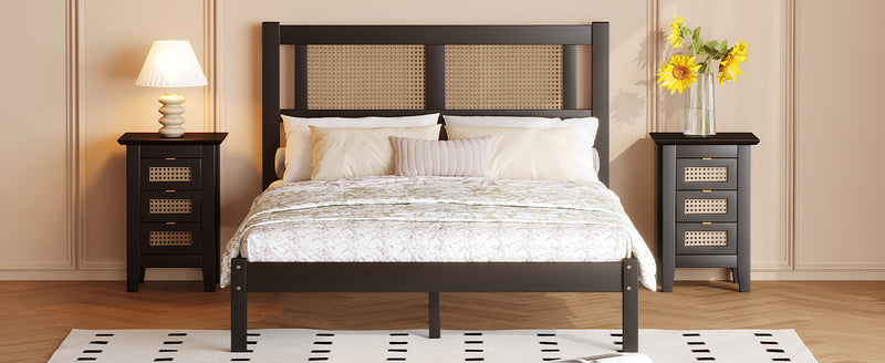 3-Pieces Bedroom Sets Full Size Wooden Platform Bed with Natural Rattan Headboard, Nightstands Set of 2 with Rattan-Woven Surfaces and Three Drawers for Bedroom, Black