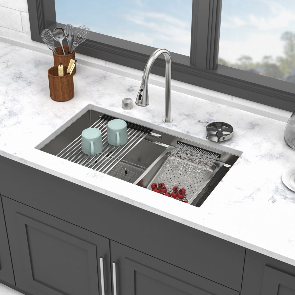 Undermount Stainless Steel Kitchen Sink With Pull Down Faucet & Ledge Workstation, photo 13 of 23
