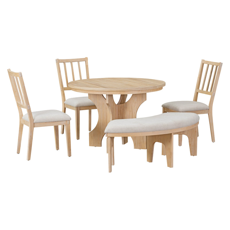 5-Piece Dining Table Set, 44" Round Dining Table with Curved Bench & Side Chairs for 4-5 People for Dining Room and Kitchen (Natural Wood Wash)