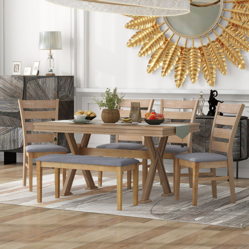 6-Piece Retro 59"L Rectangular Dining Table Set, Table with Unique Legs and 4 Upholstered Chairs & 1 Bench for Dining Room and Kitchen (Natural Wood Wash)