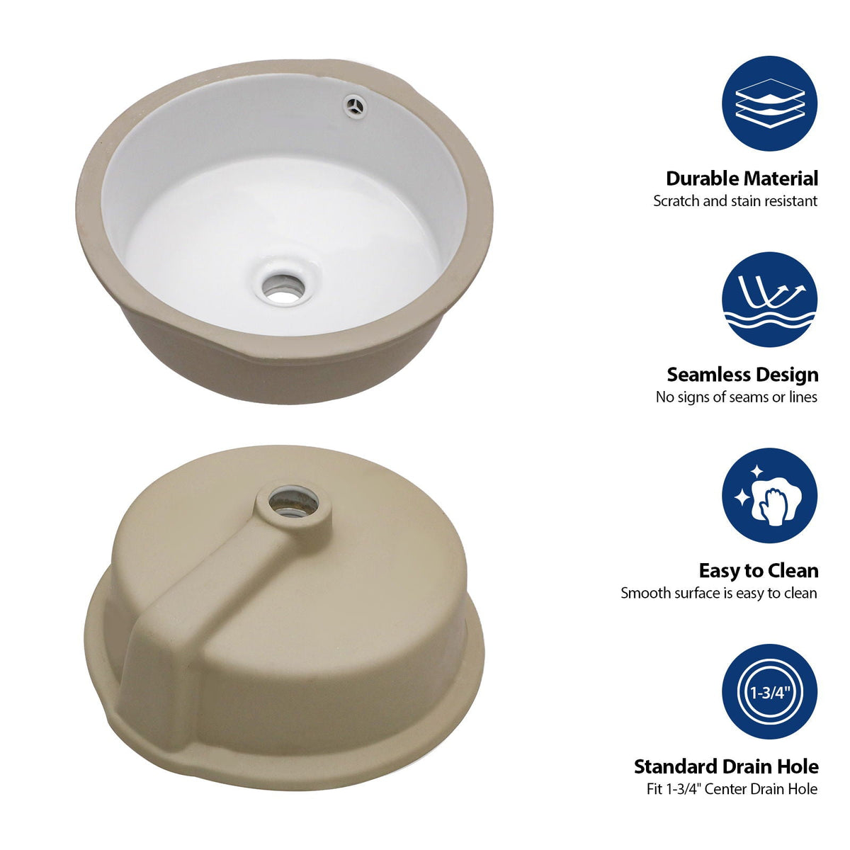 Ceramic Round Undermount Bathroom Sink With Overflow, European Style - White, photo 6 of 11