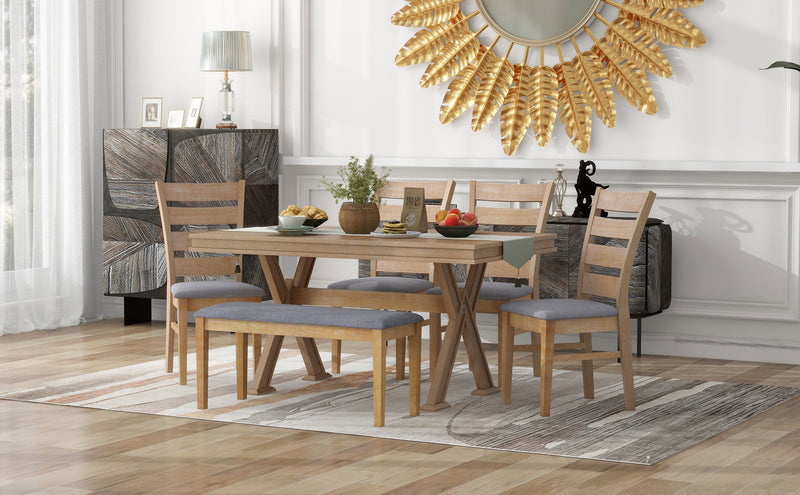 6-Piece Retro 59"L Rectangular Dining Table Set, Table with Unique Legs and 4 Upholstered Chairs & 1 Bench for Dining Room and Kitchen (Natural Wood Wash)
