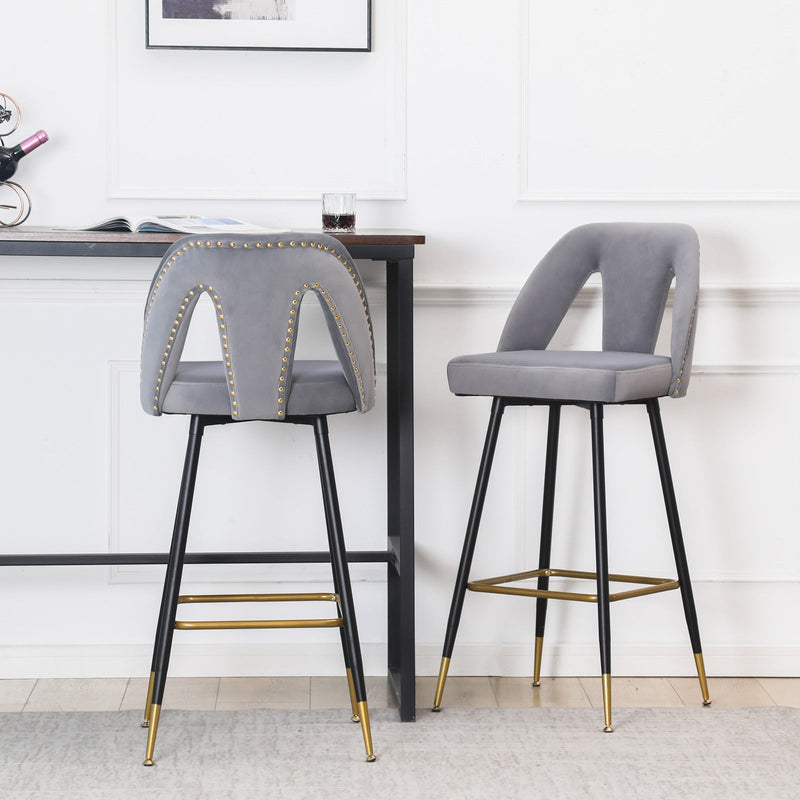 Akoya Collection Modern Contemporary Velvet Upholstered Connor 28" Bar Stool & Counter Stools with Nailheads and Gold Tipped Black Metal Legs, Set of 2 (Gray)