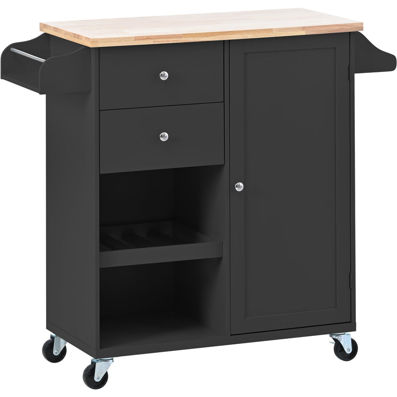 Kitchen Cart with Spice Rack, Towel Rack & Two Drawers, Rubber wood top, Kitchen Island with 4 Wheels for Dining Rooms Kitchens Living Rooms, Black