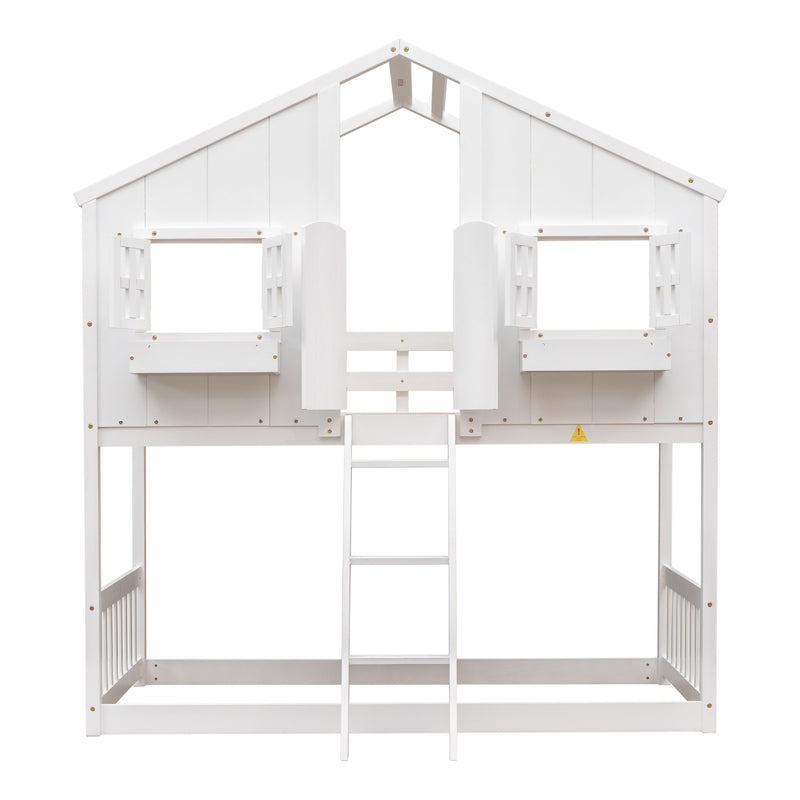 Twin over Twin House Bunk Bed with Roof, Window, Window Box, Door, with Safety Guardrails and Ladder, White
