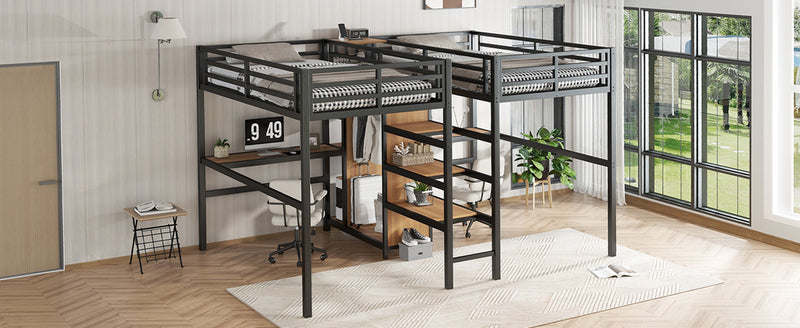 Twin Over Twin Metal Loft Bed with Double Desk and Wardrobe and Shelves with Electrical Outlet for Space Saving and Noise Reduction, woodgrain