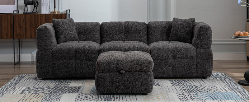 87.7" Sectional Sofa Cozy Teddy Fleece Fabric Sectional Sofa Couch with Two USB Ports a Movable Storage Ottoman and Two Lumbar Pillows for Living Room, Gray