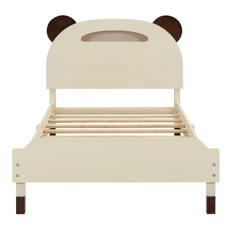 3-Pieces Bedroom Sets Twin Size Bear-Shape Platform Bed with Nightstand and Storage dresser,Cream+Walnut