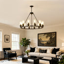 12-Light Black Wagon Wheel Chandelier, 31.5" Modern Farmhouse Glass Pendant